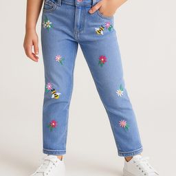 Babyhug Full Length Washed Denim Jeans With Floral & Honey Bee Embroidery & Stretch - Blue-image-90