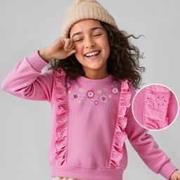 Babyhug Cotton Knit Full Sleeves Pullover Sweatshirt with Floral Embroidery & Frill Detailing - Pink-image-50