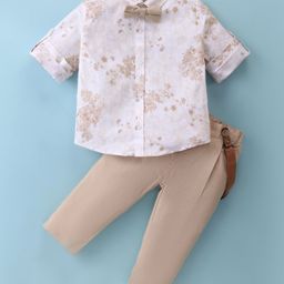 ToffyHouse 100% Cotton Woven Full Sleeves Floral Printed Shirt & Trouser Set with Bow & Suspender - Tan-image-27