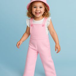 Babyhug Woven Frill Sleeves Solid Colour Top & Corduroy Dungaree with Hat - Pink & White-8