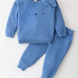 ToffyHouse Cotton Sweater Knit Full Sleeves Winter Wear Set With Teddy Applique - Blue-image-82