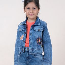 Kiddopanti Full Sleeves Heart It Text Patch Detailed Crop Denim Jacket -Blue-image-18