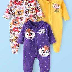 Babyhug Disney Interlock Knit Full Sleeves Footed Peter Pan Collared Night Suit with Chip & Dale Print Pack of 3 - Purple Yellow & White-image-54