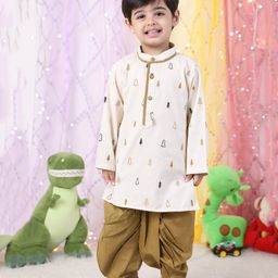 Polka Tots Cotton Full Sleeves Tree Embroidered Kurta With Dhoti - Brown-picture-9