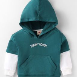 Zero Cotton Knit Full Doctor Sleeves Text Embroidered Hooded Sweatshirt with Kangaroo Pockets - Green-image-91