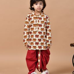 MoMaa Pure Cotton Full Sleeves Elephants Printed Dhoti Kurta Set - Cream & Maroon-image-90