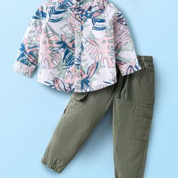 Babyhug Cotton Woven Full Sleeves Leaf Printed Shirt & Solid Trouser Set - White & Green-image-1