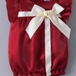 Mark & Mia Frill Sleeves Onesie with Bow & Teddy Applique - Maroon-image-9