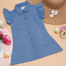 Creative Kids Sleeveless Frill Detailed Solid Denim Dress - Blue-image-21