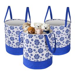 Kuber Industries Pack of 3 Foldable 45L Toys Organizer for Kids Room - Soft Toys Storage Bag/Basket/Container with Handle | Flower Print -Blue & White-image-58