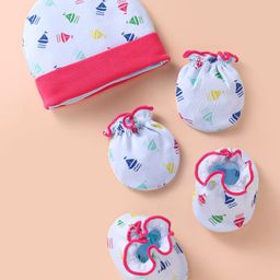 Ben Benny 100% Cotton Knit Cap Mittens & Booties Set with Boat Print Light Blue - Diameter 9 cm-image-0