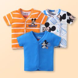 Babyhug Disney Interlock Knit Half Sleeves Front Open Jhablas with Mickey Mouse Graphics Pack of 3 - Orange Blue & White-image-12