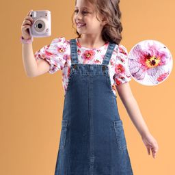 Hola Bonita Cotton Woven Denim Frock With Half Puffed Sleeves Inner T-Shirt Floral Print - Navy Blue-image-60
