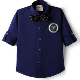 Dapper Dudes Cotton Full Sleeves Boy Text Patch Detailed Shirt With Bow - Navy Blue-image-24
