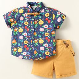ToffyHouse Cotton Woven Half Sleeves Shirt & Shorts With Bow & Suspender with Floral Print - Khaki & Navy Blue-image-81