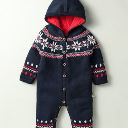 Yellow Apple Knit Full Sleeves Front Open Hooded Winter Wear Romper with Design - Navy Blue-image-72