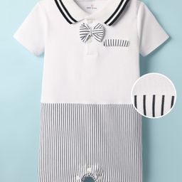 Mark & Mia Cotton Knit Half Sleeves Collared Romper with Bow Applique & Stripes - White-image-82