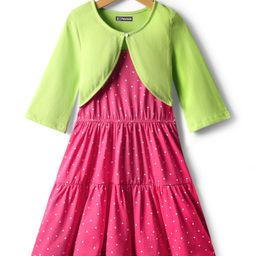 Pine Kids Cotton Knit Full Sleeves Tiered Frock With Jacket & Polka Dot Print - Pink & Lime Green-image-81