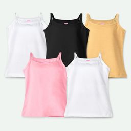 Ariel Cotton Lycra Knit Pack Of 5 Sleeveless Solid Camisoles - Black Beige Pink & White-image-0