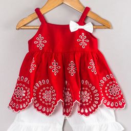 Hugsntugs Cotton Woven Sleeveless Schiffli Floral Embroidered Top With Shorts Set - Red-image-11