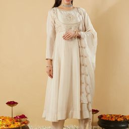 KALINI Floral Embroidered Round Neck Kurta With Trousers & Dupatta-13