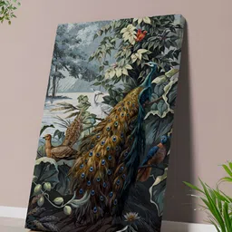 SAF Green & White Vintage Peacock Garden Canvas Birds and Nature Scene Wall Painting-image-5