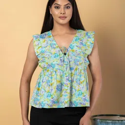 CORSICA Printed Flutter Sleeves Cotton Empire Crop Top-14