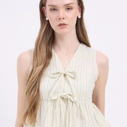 DressBerry Striped Tie-Up Neck Cotton Cinched Waist Top-image-97