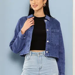 CORSICA Women Navy Blue Cotton Denim Jacket-picture-48