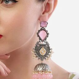 Zaveri Pearls Pink Stones Beads Embellished Two Tone Antique Statement Jhumki Earrings-40