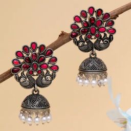Karatcart Oxidized Silver Peacock Shape Red Stone Jhumki Earrings-image-93