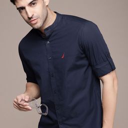 Nautica Slim Fit Self Stripes Band Collar Pure Cotton Casual Shirt-image-44