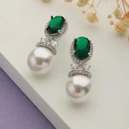Saraf RS Jewellery Silver Green CZ Pearl Beaded Minimal Earring-33