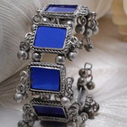 Moedbuille Mirrors & Ghungroos Afghan Tribal Design Oxidised Silver Plated Handcrafted Bracelet-62