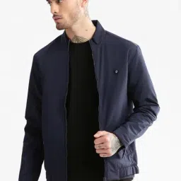 Showoff Navy Blue Slim Fit Bomber Jacket-image-8