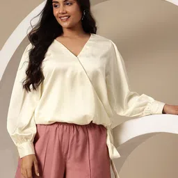 Sztori Plus Size Puff Sleeve Tie-Up Detail Wrap Top-image-22