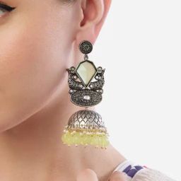 Zaveri Pearls Fluorescent Green Stone Beads Two Tone Antique Fish Statement Jhumki Earrings-39