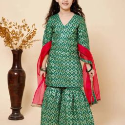 Piccolo Kids Green Zari Straight Fit Kurti, Palazzos & Dupatta-image-17