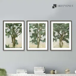 ARTE'VENUE Green Tree Line Green & Grey Paper Wall Arts - Set of 3 (13 X 18 inch Each)-11