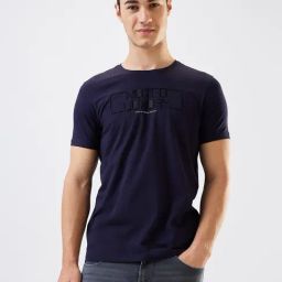 Spykar Blue Cotton Slim Self T-Shirt-image-71