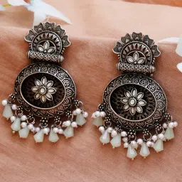 Karatcart Oxidized Silver Floral Design Monalisa Stone Dangler Earrings-image-56