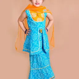 pspeaches Girls Blue Bandhani Printed Panelled Gotta Patti Pure Cotton Kurti with Sharara & With Dupatta-picture-56