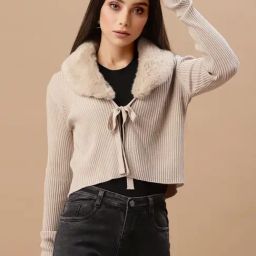 Mafadeny Beige Shawl Neck Cardigan-image-51