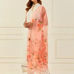 Geroo Jaipur Peach Hand-Painted Organza Dupatta With Tassels-picture-48