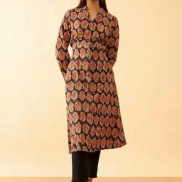 Taneira Black Cotton Printed A Line Kurta-33