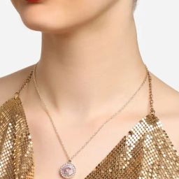 Zaveri Pearls Pink Stone & Austrian Diamonds Embellished Contemporary Pendant & Chain-ZPFK16782-83