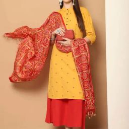 Jompers Yellow & Red Woven Pattern Kurta Palazzo Set With Dupatta-image-2