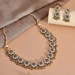Fida Gold Floral Temple Meenakari Choker & Earrings Set for Women-33