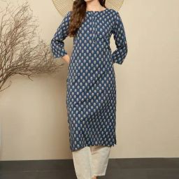 Indo Era Blue Cotton Printed Straight Kurta-image-9