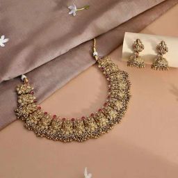 Fida Gold Beaded Temple Choker & Earrings Set for Women-image-52